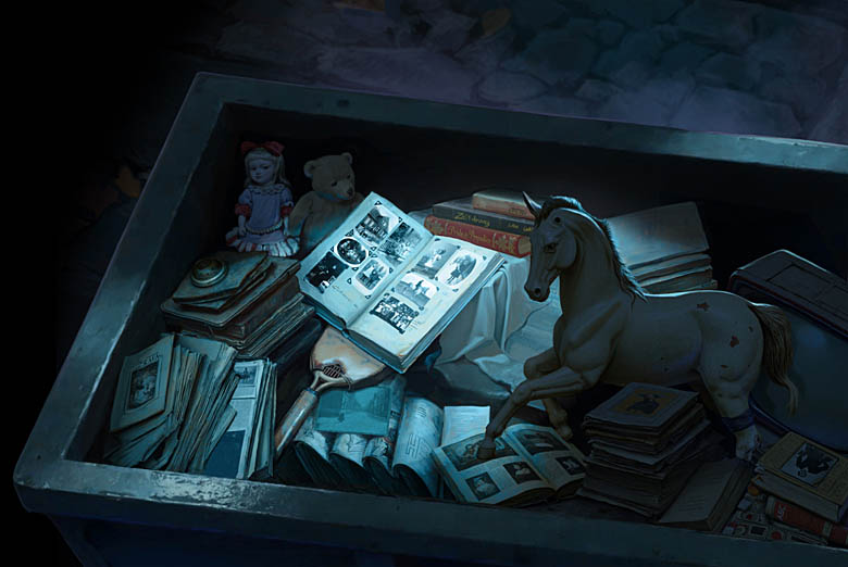 Ein Fotoalbum liegt in einem Müllcontainer